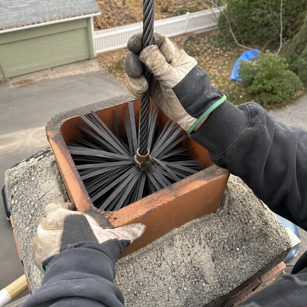 Professional chimney sweep using a chimney brush for cleaning residential chimney