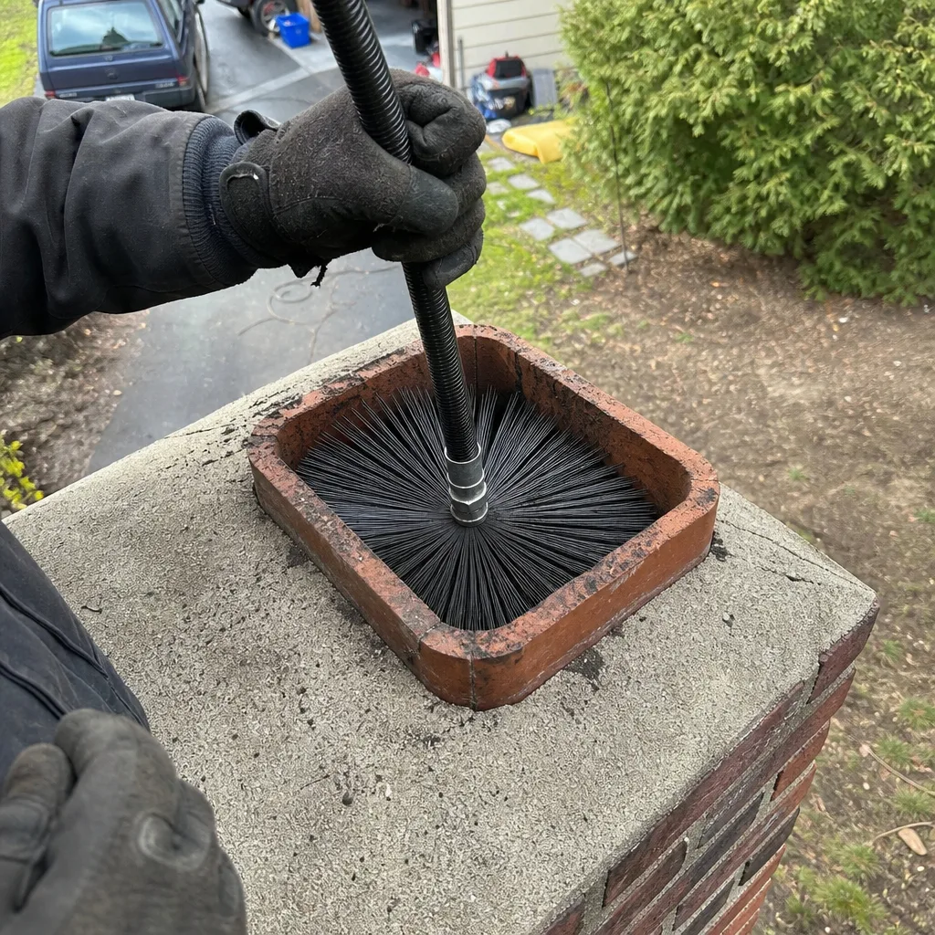 Professional chimney sweep cleaning a brick chimney with a brush tool