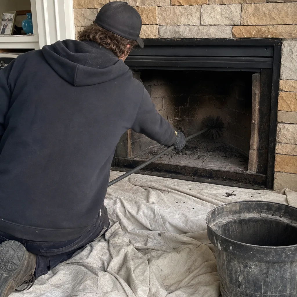 Professional chimney sweep cleaning a residential stone fireplace firebox