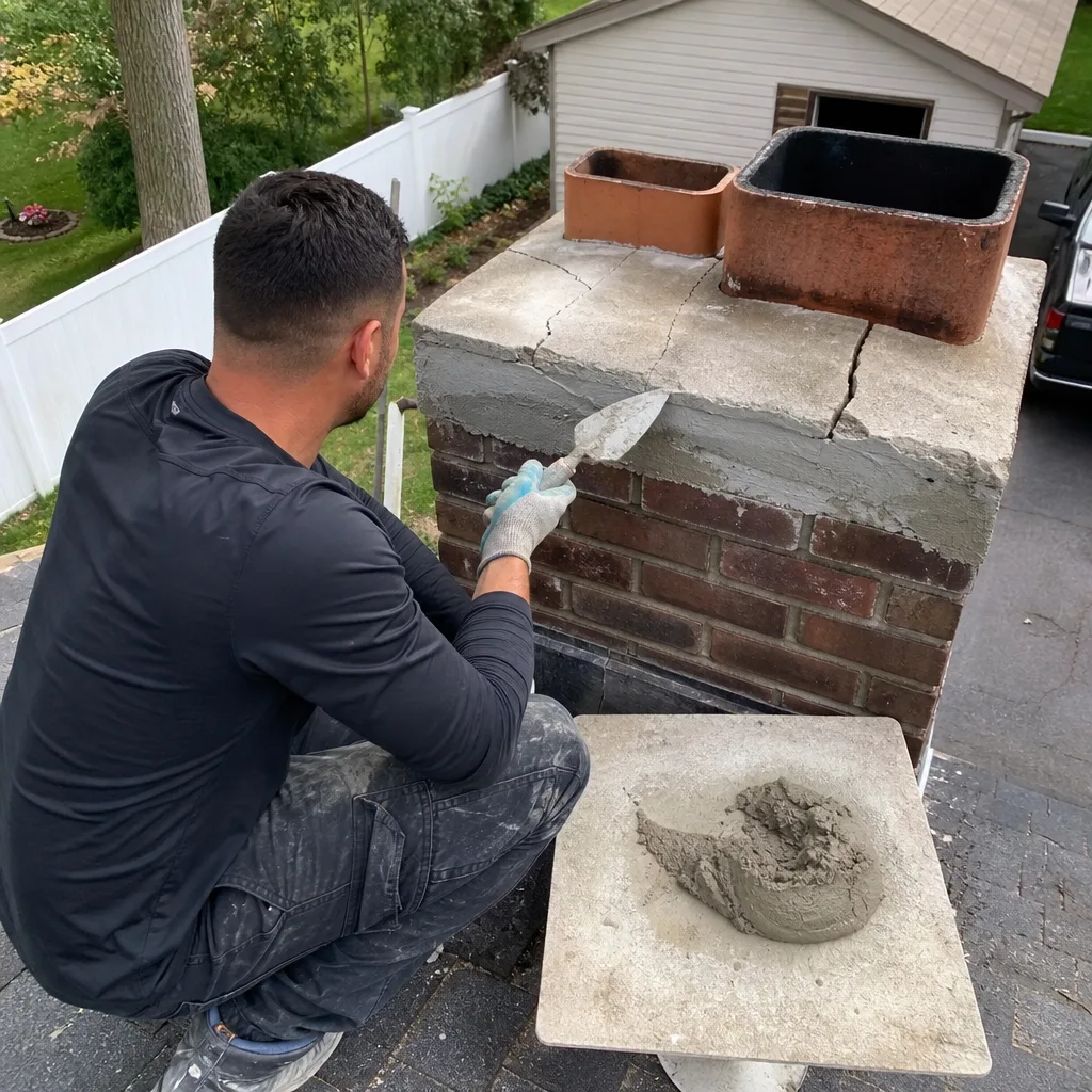 Professional chimney technician performing crown repair on a residential chimney
