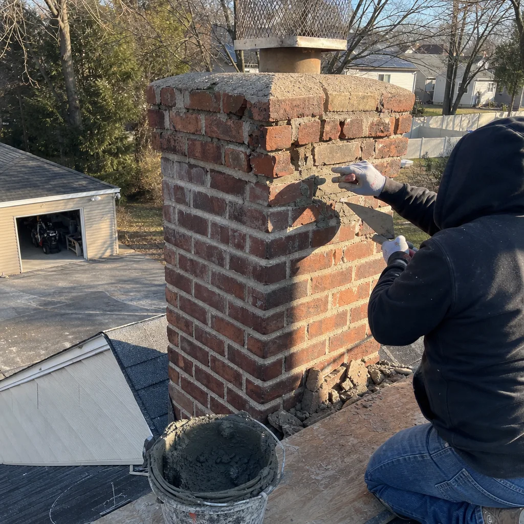 Professional technician performing masonry repair work on an outdoor brick chimney