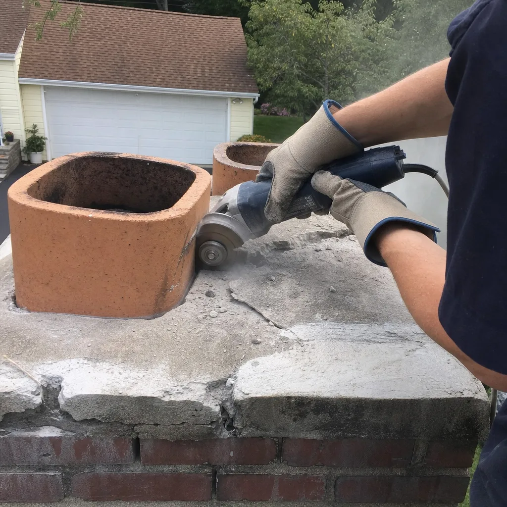 Professional technician performing chimney crown repair with a power grinder