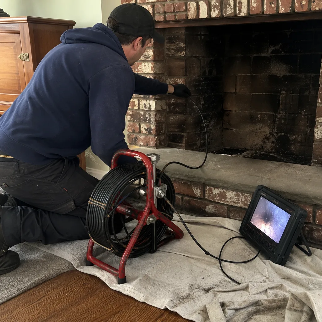 Technician using a chimney inspection camera to inspect a fireplace interior