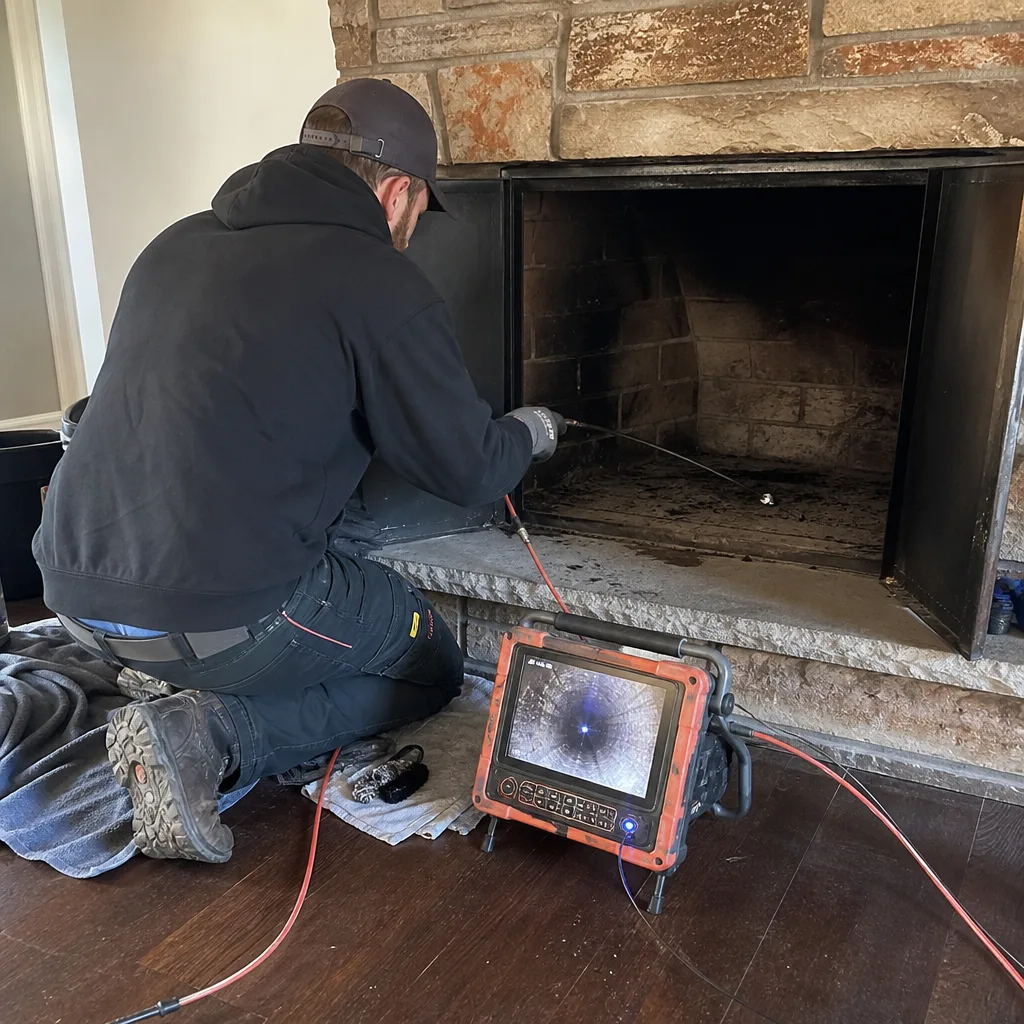 Professional technician inspecting fireplace with chimney camera equipment