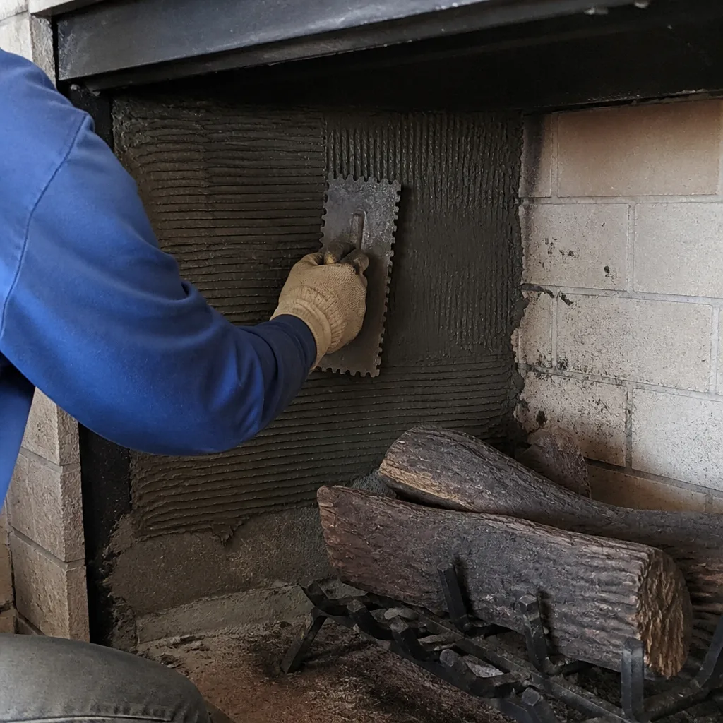 Tradesperson applying mortar with a notched trowel to a fireplace.