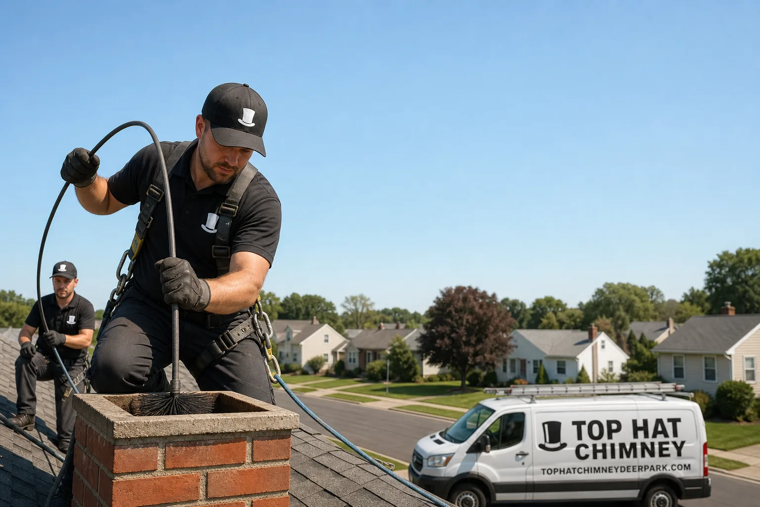 Top Hat Chimney chimney cleaning service vehicle and crew in Deer Park, NY